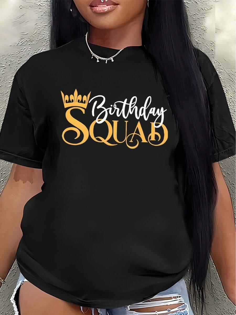 Camiseta de mujer con estampado de corona "Birthday Squad 2026", de manga corta, ligera y cómoda, adecuada para fiestas, celebraciones, uso casual en casa o en restaurantes, camiseta elegante con estampado de letras doradas. - Negro - Ver 1