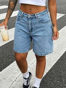 Quần short denim nữ kiểu dáng thường ngày, có túi và cúc. - Rửa trung bình - Xem 2