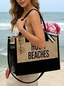 大容量女士沙滩手提包，带围巾和侧袋，2个便携式化妆包，“HOLA BEACHES”印花，可重复使用的旅行购物袋和化妆包，时尚太阳镜，草编遮阳帽，节日礼品袋，非常适合度假，也适合婚礼、生日、节日、母亲节、教师节等场合，是送给女士、母亲、老师、朋友、伴娘、学生的绝佳礼物。 - 彩色 - 查看 5