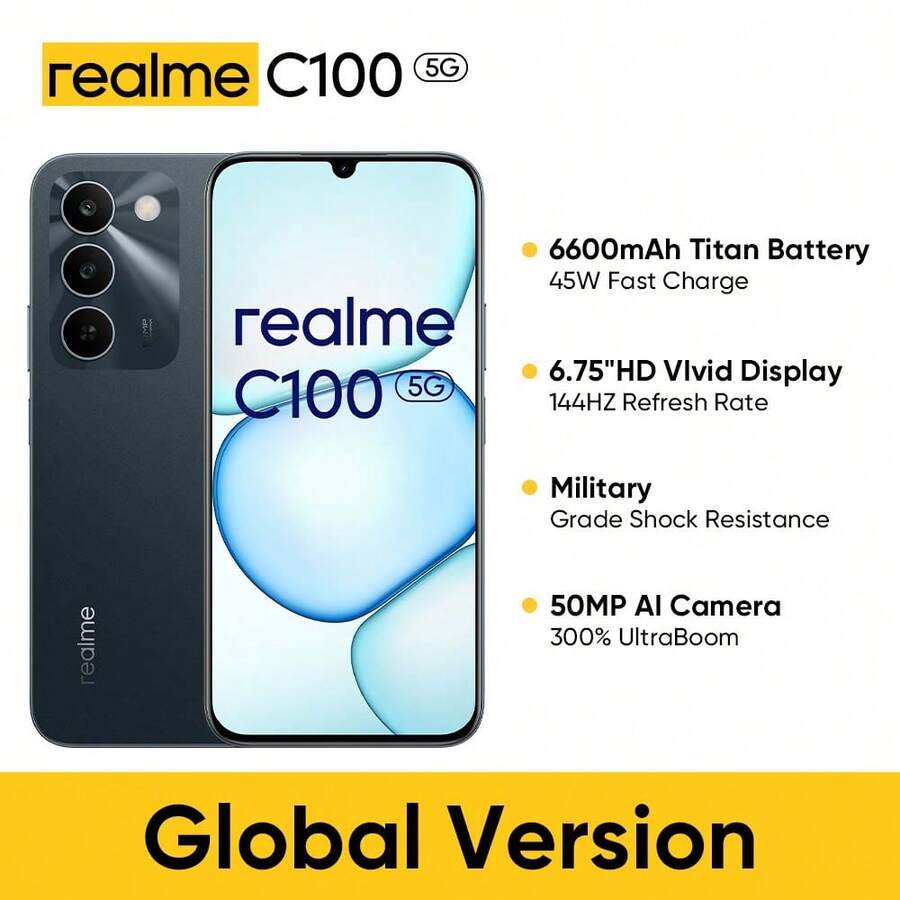 Realme C100 5G 4GB+128GB/4GB+256GB 5G智能手机,全球版,无锁,6.75英寸144Hz LCD显示屏,5000万像素AI三摄,7000mAh+45W单电池/6600mAh+45W双电池,48个月流畅运行,不含适配器 - Sprouting Green - 查看 1