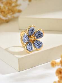 1 pieza Anillo abierto de flor de rafia estilo pastoral fresco, joyería versátil azul para mujer para viajes y desplazamientos - Azul - View 3