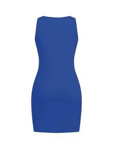 Women Summer Casual Plain Sleeveless T-Shirt And Dress, Slim Fit Tank Top And Form-Fitting Dress, Beach/Holiday Outfit Party Elegant - Royal Blue - View 3