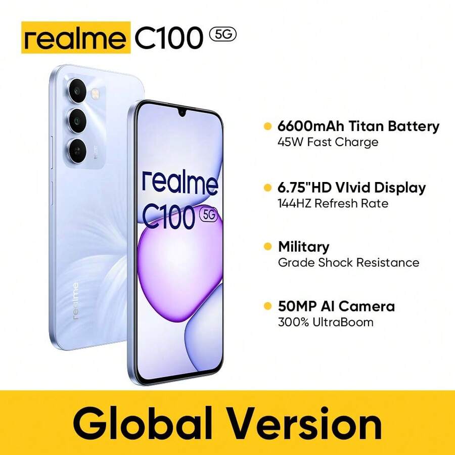 Realme C100 5G 4GB+128GB/4GB+256GB 5G智能手机,解锁版,6.75英寸LCD 144Hz显示屏,5000万像素AI主摄像头,6600mAh电池,全球版,不含适配器 - 紫色 - 查看 1