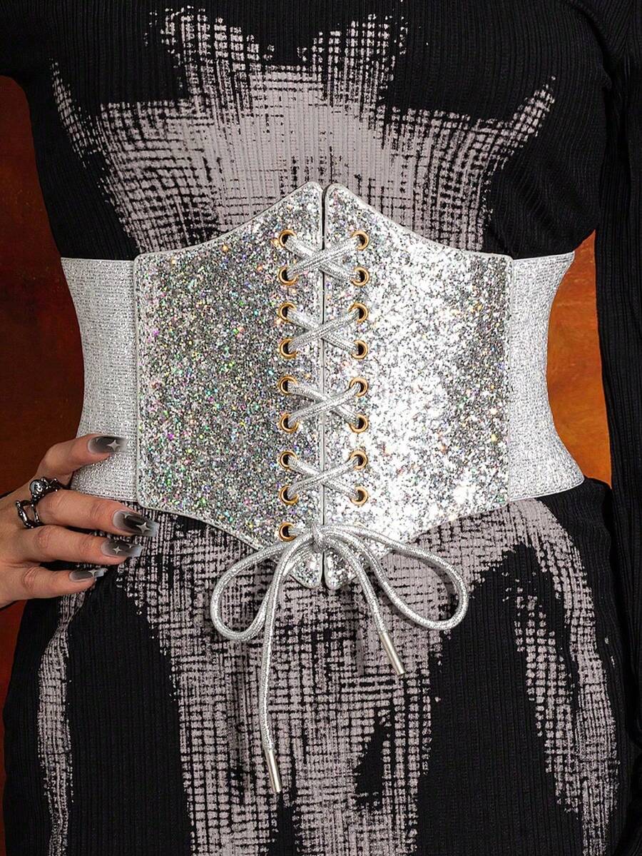 1pc Women's Renaissance Costume, Silver Glitter Elastic Waist, Suitable For Halloween Outfit Matching