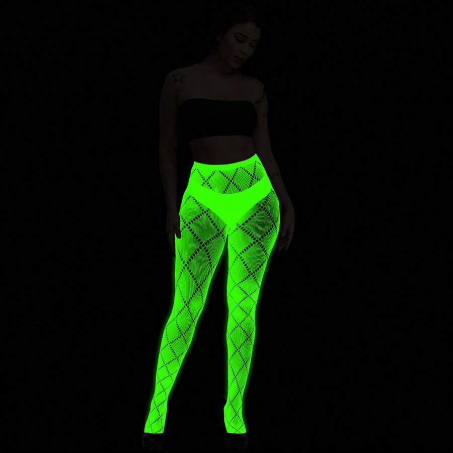 Green Fluorescent Night Glow Sheer Mesh Tights With Striped Pattern Luminous Bodycon Leggings Women Reactive Party Cosplay Outfit DBYS - 夜光3050 - 查看 1