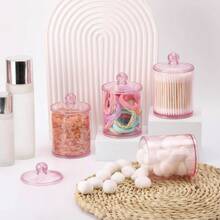 4 pezzi Scatole di stoccaggio trasparenti con coperchi, adatte per il bagno e la scrivania, possono contenere batuffoli di cotone, cotton fioc, cosmetici e accessori, design minimalista multifunzionale - Rosa - Visualizzare 9
