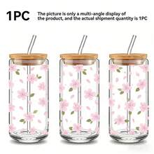 1pc/5pcs 16oz Sakura Glass Cup With Wooden Lid And Straw, Transparent Sakura Iced Coffee Cup, Spring Water Bottle For Daily Use - Multicolor - Cherry Blossom - View 7