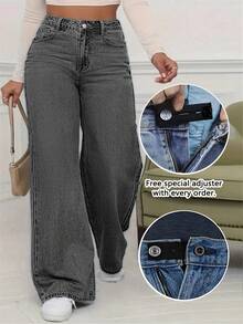 Women's Mid Waist Non Elastic Casual Loose Straight Leg Denim Pants Suitable For Daily Commuting And Home Wear - 深灰色 - 查看 1