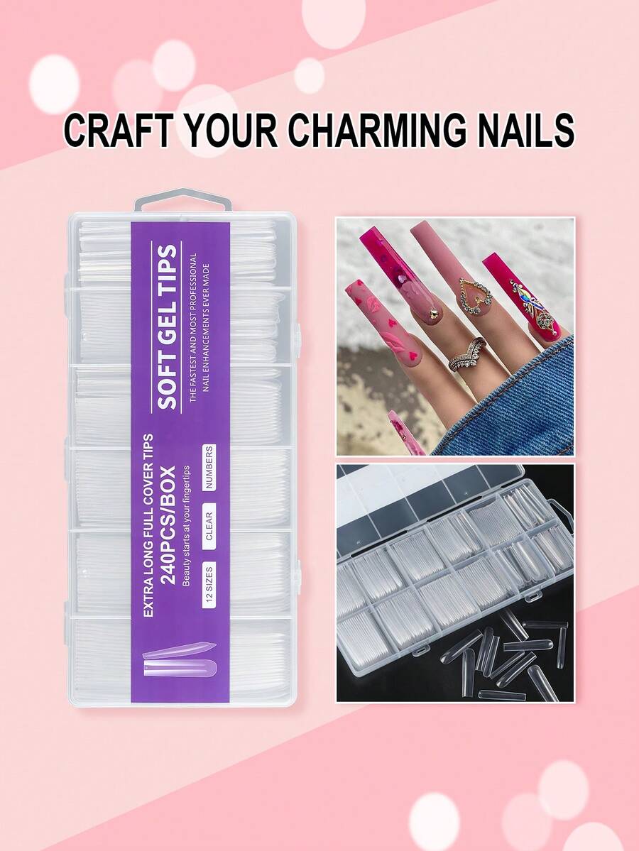 240 piezas de uñas postizas de ballet extra largas, puntas de uñas de gel mate de cobertura completa, uñas de arte de uñas, cápsulas de uñas, uñas postizas, suministros de arte de uñas - transparente - Ver 1
