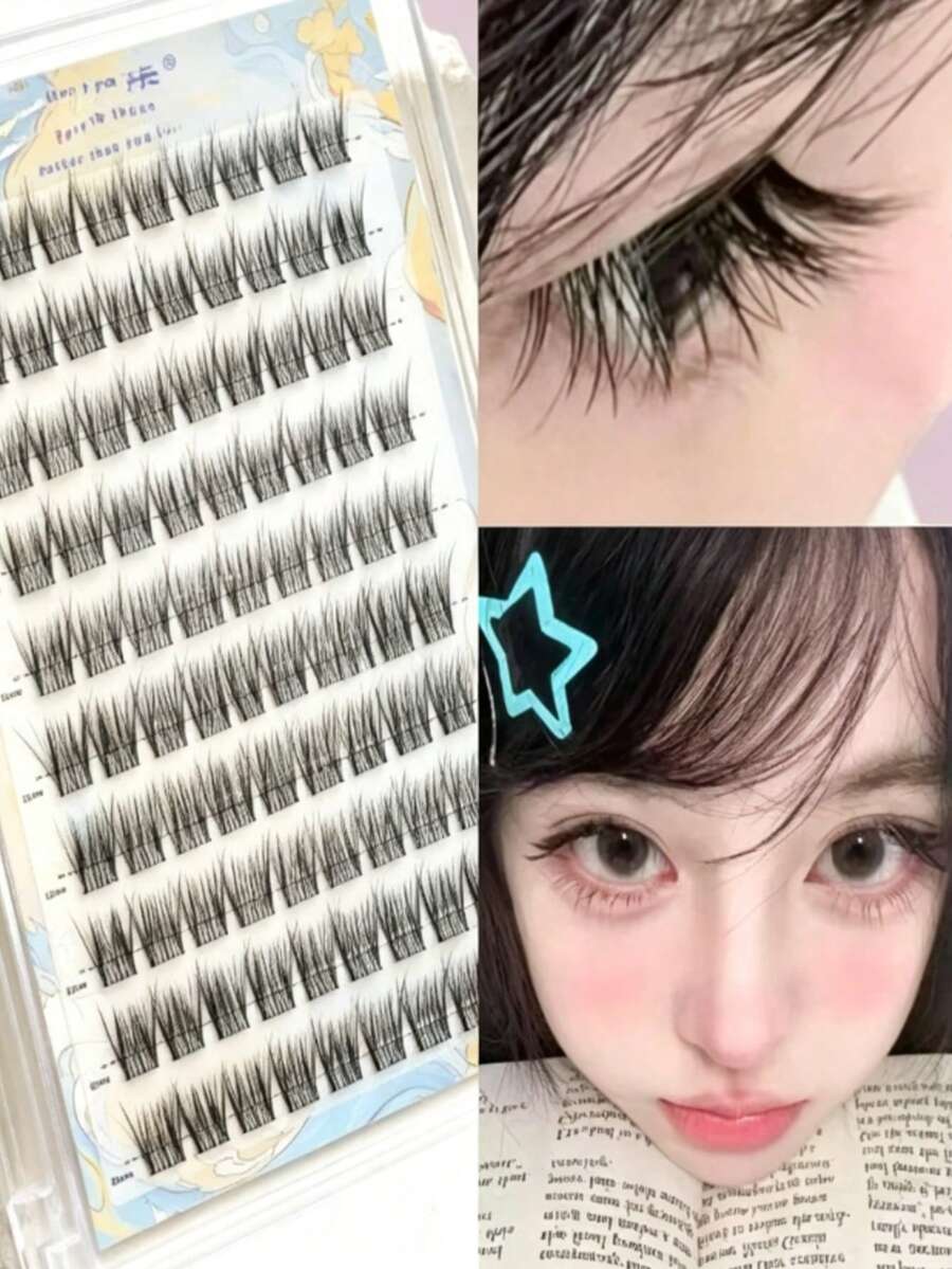 100簇自然輕妝假睫毛,透明梗小珍珠單簇嬰兒彎曲假睫毛,適合初學者夏季通勤打造靈動大眼,真睫毛與睫毛簇套裝 - 查看 1