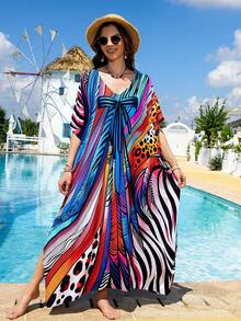 Beach Cover-Up With Patterned Print, Vacation Beach Cover-Up For Women - F1201-1 Abstract Butterfly Leopard Print - View 3