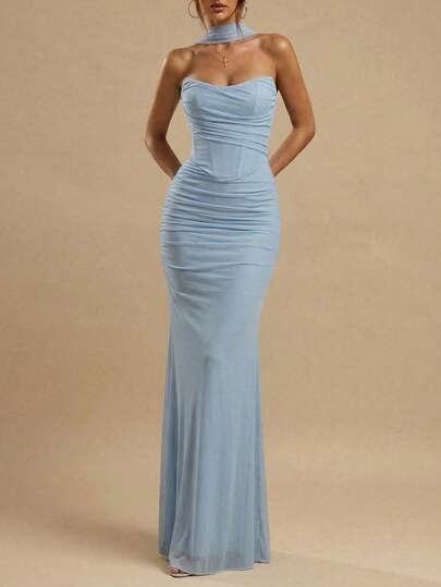 Solid Color Elegant Romantic Pleated Dress For Party, Wedding, Birthday, Festival, Music Event