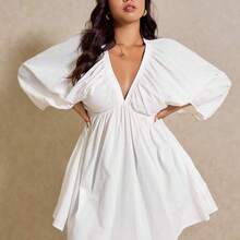 Elaquor Plus Size Casual Solid Color Lantern Sleeve Dress - Verde militar - Ver 6