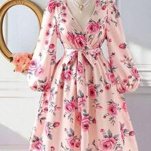 Rometta Plus Size Women's Vintage French Rose Print Dress, V-Neck Waist Cinched Slimming Long Sleeve Midi Dress, Loose Fit Flattering Commute & Date Dress Flower Dress Feminine Dress Floral Dress Rose Dress  Floral Dress Women Elegant French Style Dress - Amarillo - Ver 4