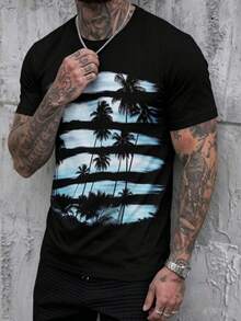 Men's Round Neck Palm Tree Print Short Sleeve T-Shirt - Multicolor - View 3