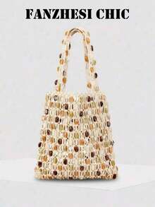 Beige Stoff Perlen gewebte Shopper Tasche, große Cut Out Schultertasche, farbige Stein Einlegearbeit Casual Urlaubs Handtasche, ideal für Strandresort Strand Lässig Einkaufen Stadtbummel, perfekt für Bürodamen reife Mütter Ins künstlerisch retro einzigartige tägliche Tragetasche - Beige - Übersicht 5