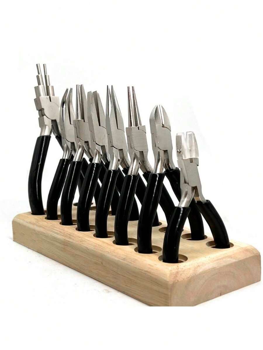 1pc Wooden Clamp Storage Box, Rectangular 6/8/12 Hole Organizer Tray, Smooth Solid Wood Material, Durable With Hole Cover Ring, Suitable For Storing Tweezers, Pliers, Perfect For Jewelry Making, Craft Studio, Unique Gift For Jewelry Makers And DIY Enthusiasts - Multicolor - View 1