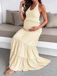 Conjunto de verano de estilo vacacional, una parte superior de halter de color amarillo pálido con flecos combinada con una falda evasé de línea A para mujeres embarazadas.El cinturón de cintura extra ancho y recogido es cómodo y no oprime el vientre.Conjunto de dos piezas.Top de halter de unicolor y falda evasé con volante de dos piezas para maternidad, vestido de maternidad de color beige para vacaciones, vestido de maternidad, atuendos de maternidad para el verano, vestido de maternidad, conjunto de maternidad para el verano, vestido de maternidad para el verano, atuendos de maternidad para el verano, vestido de maternidad para baby shower, atuendos para mujeres embarazadas, ropa de maternidad, vestidos de maternidad para sesión de fotos, vestido de smocking, vestido amarillo para mujer, vestidos envolventes para la playa para damas, vestido Zanzea para mujer, vestido wow para mujer, vestidos de verano para mujer, atuendos de verano para mujer, conjuntos de verano para mujer, ves - Albaricoque 2 - Ver 5
