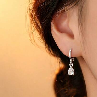 Bông tai hình ngôi sao bốn cánh giọt nước đính đá Zirconia, xu hướng mùa xuân/hè, bông tai hình ngôi sao giọt nước đính một viên kim cương lấp lánh.
