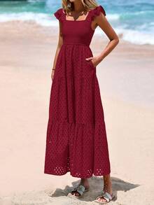 Women's Summer Square Collar Long Dress With Sleeve Cap Hole Eye Ruffles Layered A-Line Casual Vacation Long Skirt With Pockets - 酒紅色 - 查看 3