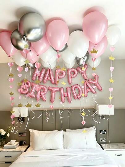 44pcs/Set White & Pink Birthday Balloon Set, Includes Gold Glitter 3D Paper Crown, Heart Wreath, White, Pink, Silver Latex Balloons, "Happy Birthday" Pink Letters, Suitable For Birthday Party, Valentine's Day, Bachelorette, Engagement, Wedding, Anniversary Decoration