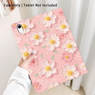1个花卉图案翻盖平板电脑保护套，带笔槽，适用于苹果、荣耀等热门机型。具备自动休眠/唤醒功能，是返校、情人节、节日的理想礼物。