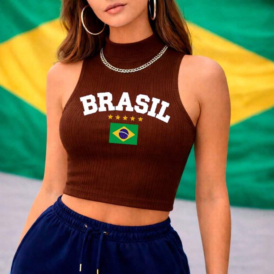 Cropped High Neck Ribbed Tank Top Sizes P To GG With "BRAZIL" Written On It Summer Fashion Women's Blouse - Rust Brown - View 1