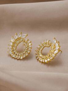 2pcs Set Fashionable Personalized Sparkling Cubic Zirconia Wheat Earrings, Women's Earrings Gift For Date - Gold - View 2
