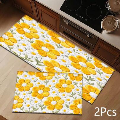 2D Yellow Floral Print Rug, Soft & Durable Washable Floor Mat For Entryway, Porch, Indoor - Living Room, Bathroom, Bedroom, Game Room, Laundry Room, Dorm Decor