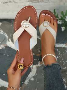 Women's White Flat Sandals, Fashion Casual Summer Beach Vacation & Daily Wear Shoes - Beige - View 1