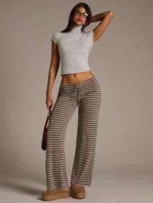 Pantalones de pierna ancha con estampado de rayas y nudo a la cintura de baja altura para mujer, pantalones de verano para mujer, conjunto de verano para mujer, ropa de playa para mujer, pantalones casuales para mujer, pantalones a rayas para mujer, pantalones con cordón, conjunto de verano para mujer - Multicolor 2 - Ver 9
