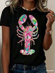 3 Camisetas de Mujer con Estampado de Langosta - Rosa Suave y Turquesa con Diseño Costero, Corte Holgado, Mangas Cortas, Cuello Redondo, Camiseta Ligera y Transpirable para Fiestas de Playa de Verano, Diseño Vibrante de Langosta, Camiseta Casual para Mujer, Lavable aáquina, Opción de Regalo (Nueva Camiseta Elegante)|Moda Urbana Local de Primavera/Verano||Uso Casual Diario Primavera Verano Moderno Moldeador|Conjunto de verano para mujer, ropa de vacaciones|Blusas elegantes para mujer, ropa de primavera, blusas de verano. - Negro - Ver 3