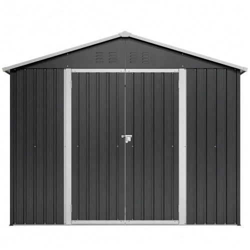 Metal Garden Shed/Tool Shed 240x192.3x191 Cm With Sliding Door & 4 Vents, Lockable Garden Shed - Black - View 1