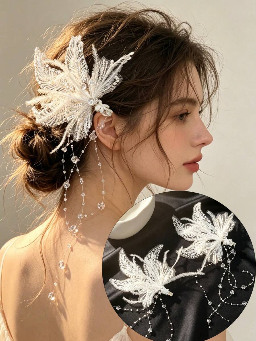 2 Stück Haarclips für Frauen, weiße perlenbesetzte Feder-Pailletten Haarclips, Braut Haarzubehör geeignet für Hochzeit/Brautjungfer/Braut Frisuren/Auftrittskostüme, Reisen, Geburtstag - Verschiedenfarbig - Übersicht 1