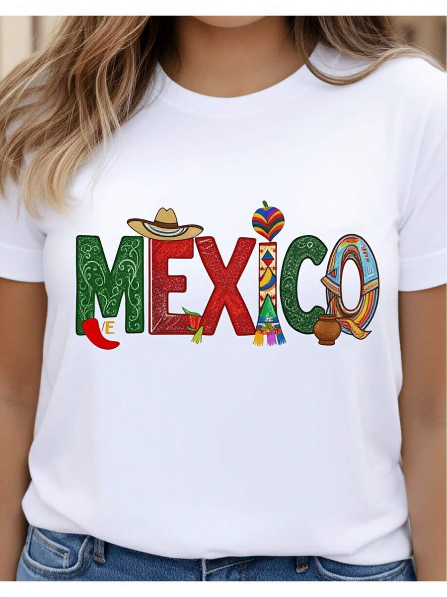 Camiseta gráfica de mujer con temática mexicana, colores vibrantes y elementos tradicionales, perfecta para celebraciones culturales y uso diario. Camiseta de mujer de diseño casual holgado y ligeramente extendido. - Blanco - Ver 1