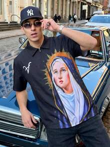 American Street Style Virgin Mary Print Short Sleeve Shirt, Men's Loose Fit Zip-Up Casual Top - Black - View 1