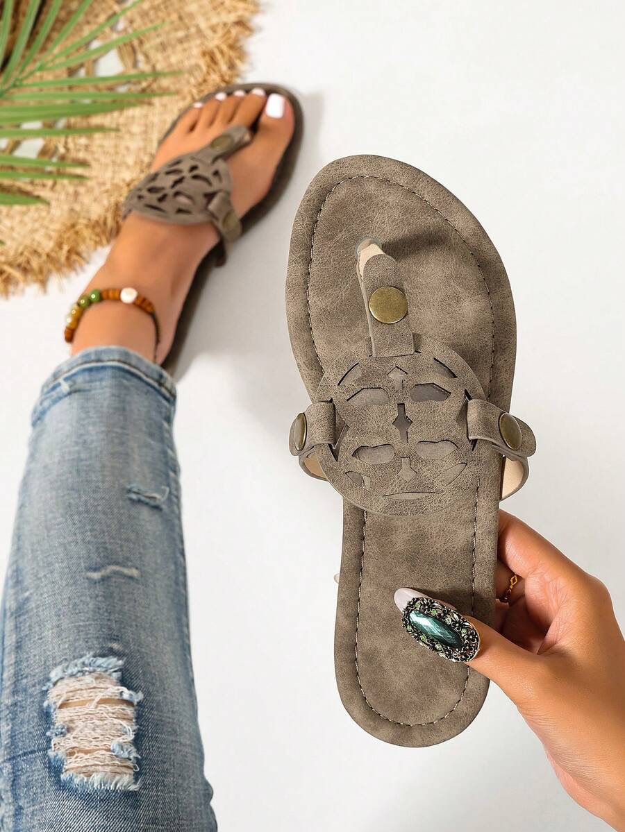 Ximi Ruo Korean Style Casual Flat Slippers, Women's Shoes, Open Toe Sandals For Spring, Summer, Suitable For Dresses, Beach, Apartment, Brown Color - Camel - View 1