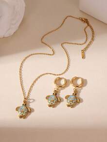 GEREIT 3pcs 18K Gold Plated Stainless Steel Drip Oil Sea Turtle Earrings & Necklace Set, Suitable For Beach Vacation Wear - Multicolor - View 3