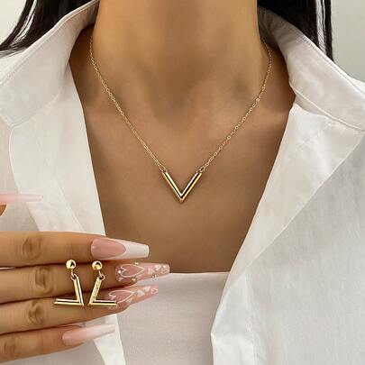 VKME 1 Set de Collar y Aretes de Metal y Material Flexible de Lujo con Forma de V