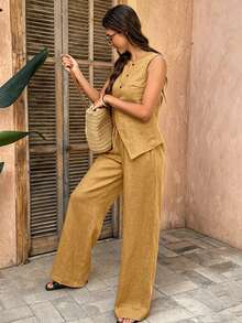 Women's Retro Sleeveless Asymmetric Button Blouse And Wide Leg Pants 2 Pieces Set, Elegant Linen Summer Casual Outfit - Ginger - View 5