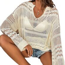Hollow-Out Long-Sleeve Beach Cover-Up With Open Collar For Layering Over A Swimsuit - 6943-apricot - View 4