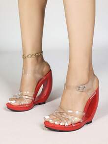 Sexy Super High Heel Model Stilettos, Nightclub Heels, Runway Model Show Formal Dress Shoes, Thick Bottom Crystal Party Transparent Wedge Sandals For Women - Red - View 4