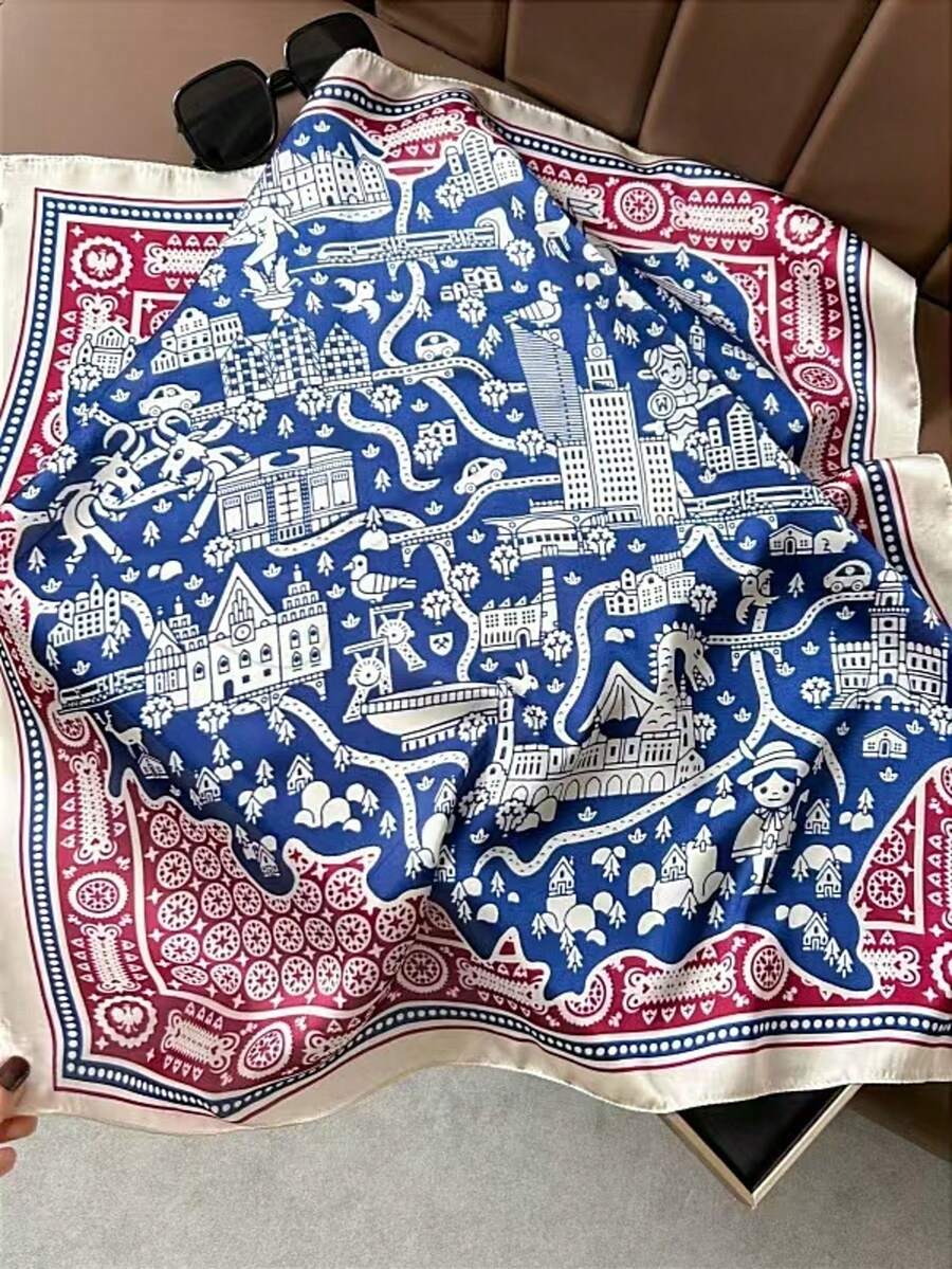 1条仿丝印花方巾头巾发带时尚多功能小围巾，适合日常使用 - 紅藍 - 查看 1