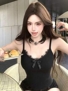 Áo hai dây ren viền gợi cảm, áo lót hai dây dệt kim cổ chữ V. - màu đen - Xem 4