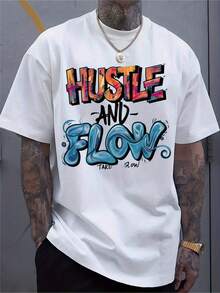 Camiseta de Hombre con Estampado de Grafiti "Hustle And Flow" - Ultra Suave, Transpirable, Absorbe la Humedad, Cuello Redondo, Estilo Urbano, Ajuste Cómodo, Camiseta Casual Adecuada para Uso Diario y Gimnasio, Lavable a Máquina. - Blanco - Ver 1