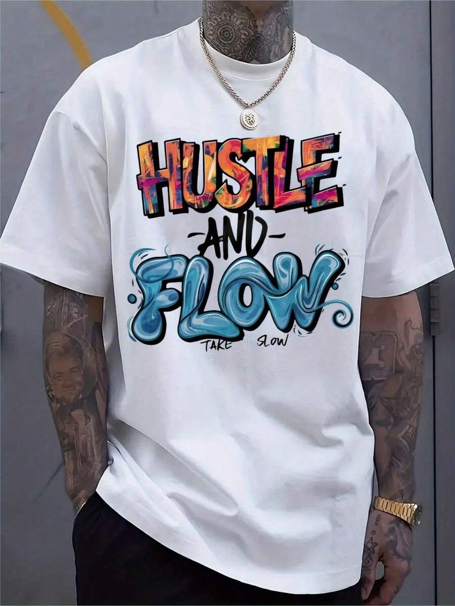 Camiseta de Hombre con Estampado de Grafiti "Hustle And Flow" - Ultra Suave, Transpirable, Absorbe la Humedad, Cuello Redondo, Estilo Urbano, Ajuste Cómodo, Camiseta Casual Adecuada para Uso Diario y Gimnasio, Lavable a Máquina. - Blanco - Ver 1