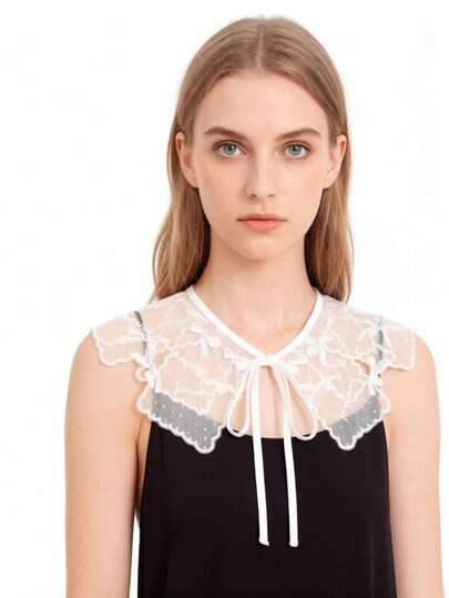 1pc Peter Pan Collar Detachable Design Sweet Girl Dreamy Mesh Embroidered Bow Decor Shawl, Fashionable & Versatile