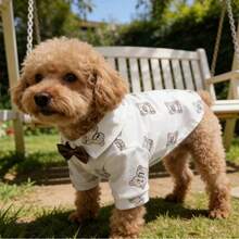 1 pieza Ropa para mascotas perros con estampado de oso lindo, camisa con corbata de moño elegante, adecuada para perros pequeños, se puede usar en todas las estaciones - Beis - Ver 4
