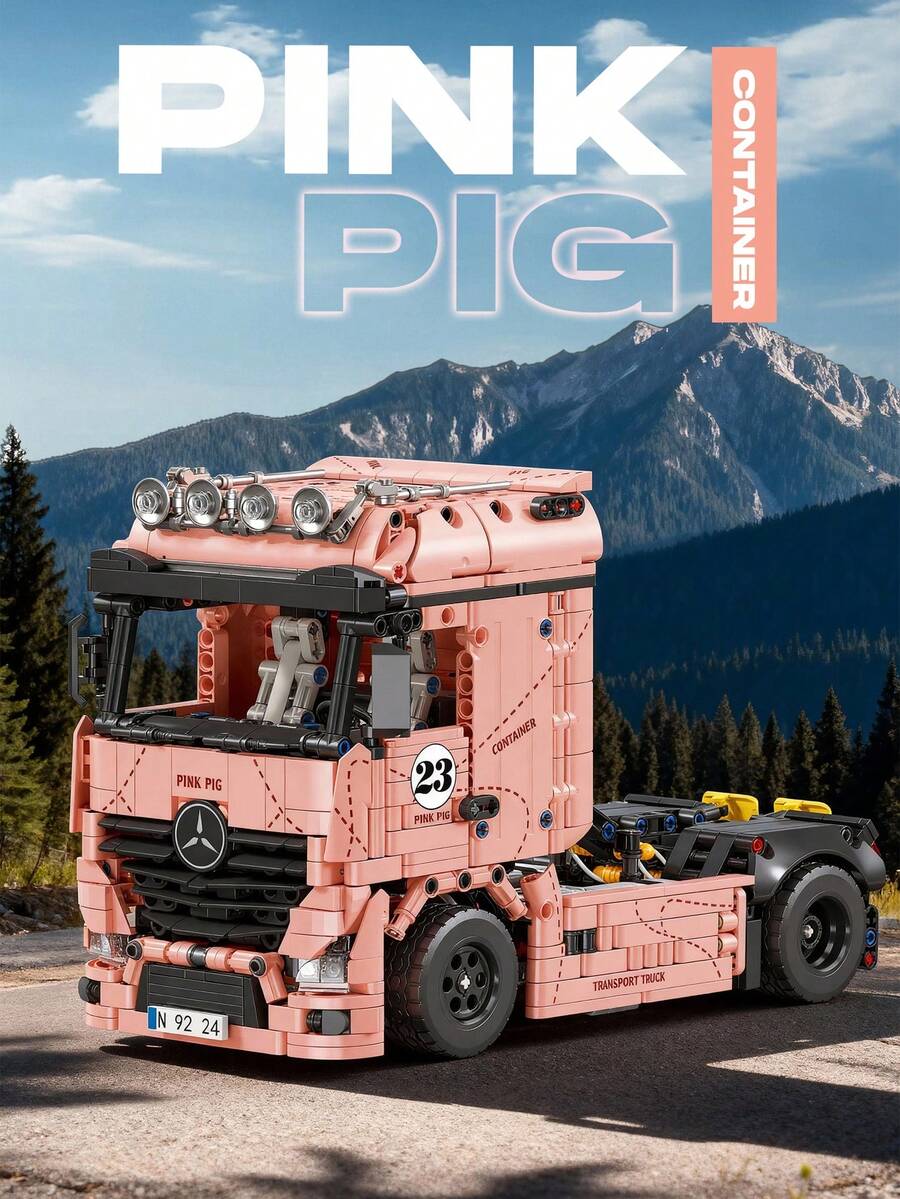 1296PCS Heavy Duty Trailer Head Building Block Set, Pink Pig Color Scheme Building Block Truck Model, Living Room Decor, Best Holiday Gift - Pink - View 1