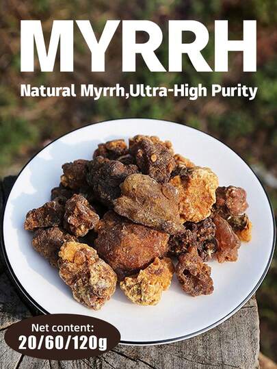 20/60/120g, Mirra natural pura, limpia y pura, con un aroma rico, elegante y agradable, sin humo y no irritante, fragancia duradera, se puede usar en aromaterapia, purificar el aire, ayudar al sueño, calmar la mente y el Body, adecuado como regalo para familiares y amigos, y se puede usar en el hogar.